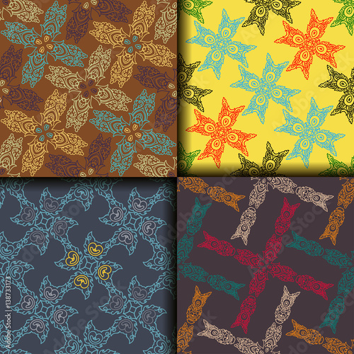 Vector abstract seamless patchwork pattern. Arabic tile texture with geometric and floral ornaments. Decorative elements for textile, book covers, print, gift wrap. Vintage boho style.