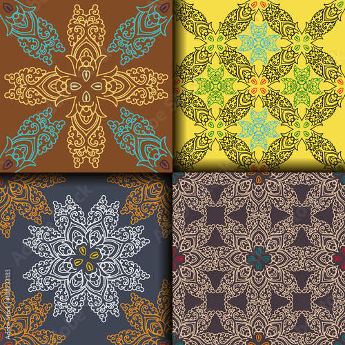 Vector abstract seamless patchwork pattern. Arabic tile texture with geometric and floral ornaments. Decorative elements for textile, book covers, print, gift wrap. Vintage boho style.