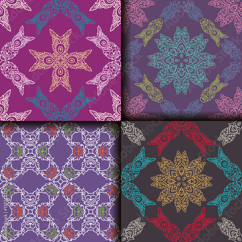Vector abstract seamless patchwork pattern. Arabic tile texture with geometric and floral ornaments. Decorative elements for textile, book covers, print, gift wrap. Vintage boho style.