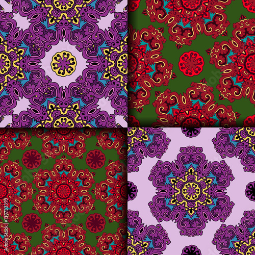 Vector abstract seamless patchwork pattern. Arabic tile texture with geometric and floral ornaments. Decorative elements for textile, book covers, print, gift wrap. Vintage boho style.