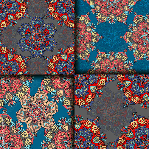 Vector abstract seamless patchwork pattern. Arabic tile texture with geometric and floral ornaments. Decorative elements for textile, book covers, print, gift wrap. Vintage boho style.