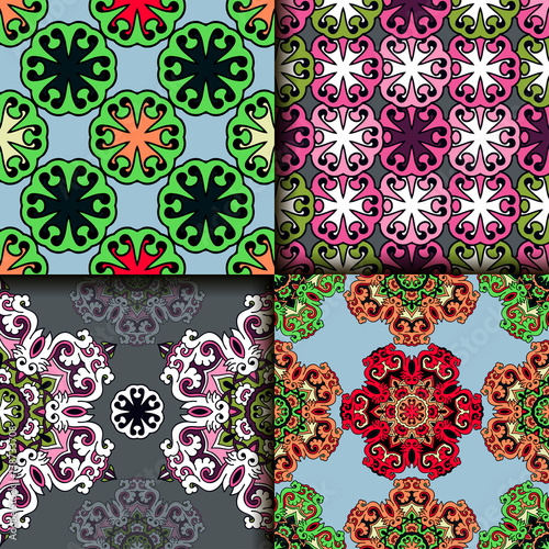 Vector abstract seamless patchwork pattern. Arabic tile texture with geometric and floral ornaments. Decorative elements for textile, book covers, print, gift wrap. Vintage boho style.