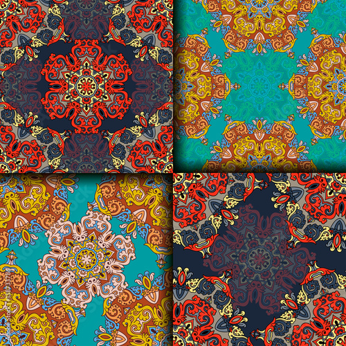Vector abstract seamless patchwork pattern. Arabic tile texture with geometric and floral ornaments. Decorative elements for textile, book covers, print, gift wrap. Vintage boho style.