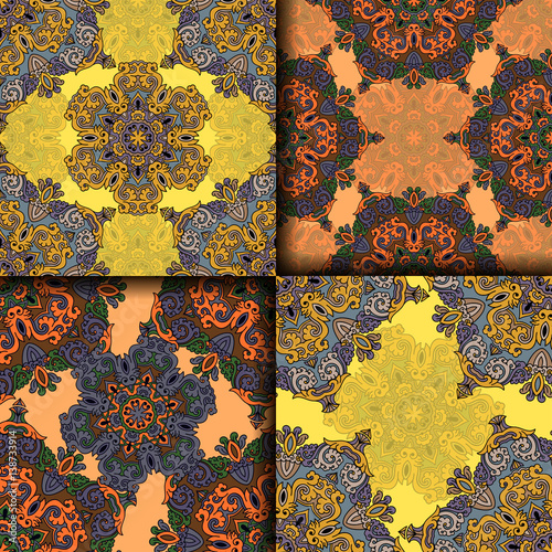 Vector abstract seamless patchwork pattern. Arabic tile texture with geometric and floral ornaments. Decorative elements for textile, book covers, print, gift wrap. Vintage boho style.