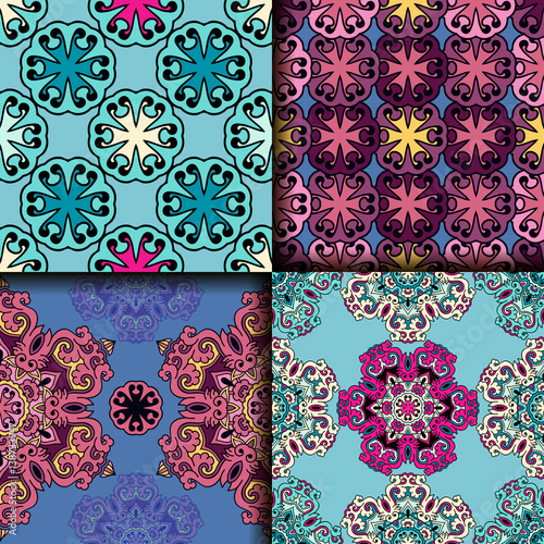 Vector abstract seamless patchwork pattern. Arabic tile texture with geometric and floral ornaments. Decorative elements for textile, book covers, print, gift wrap. Vintage boho style.