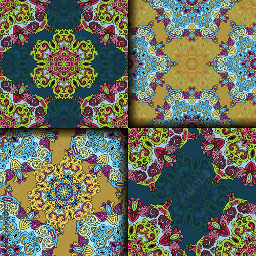 Vector abstract seamless patchwork pattern. Arabic tile texture with geometric and floral ornaments. Decorative elements for textile, book covers, print, gift wrap. Vintage boho style.