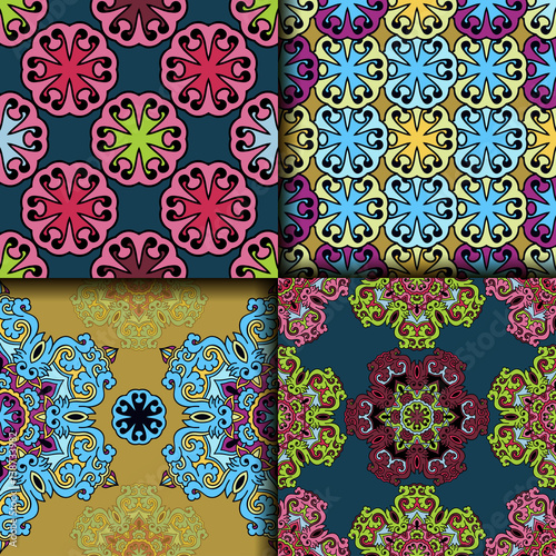 Vector abstract seamless patchwork pattern. Arabic tile texture with geometric and floral ornaments. Decorative elements for textile, book covers, print, gift wrap. Vintage boho style.