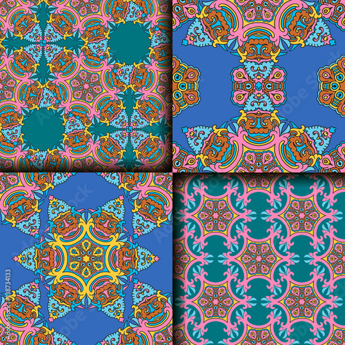 Vector abstract seamless patchwork pattern. Arabic tile texture with geometric and floral ornaments. Decorative elements for textile, book covers, print, gift wrap. Vintage boho style.