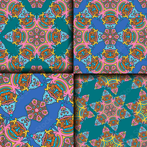 Vector abstract seamless patchwork pattern. Arabic tile texture with geometric and floral ornaments. Decorative elements for textile, book covers, print, gift wrap. Vintage boho style.