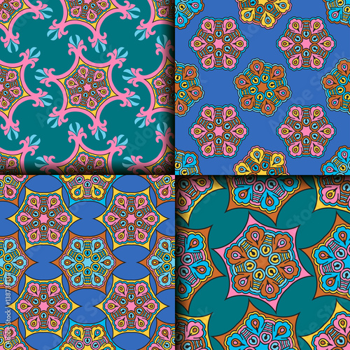 Vector abstract seamless patchwork pattern. Arabic tile texture with geometric and floral ornaments. Decorative elements for textile, book covers, print, gift wrap. Vintage boho style.