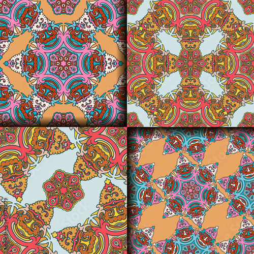 Vector abstract seamless patchwork pattern. Arabic tile texture with geometric and floral ornaments. Decorative elements for textile, book covers, print, gift wrap. Vintage boho style.