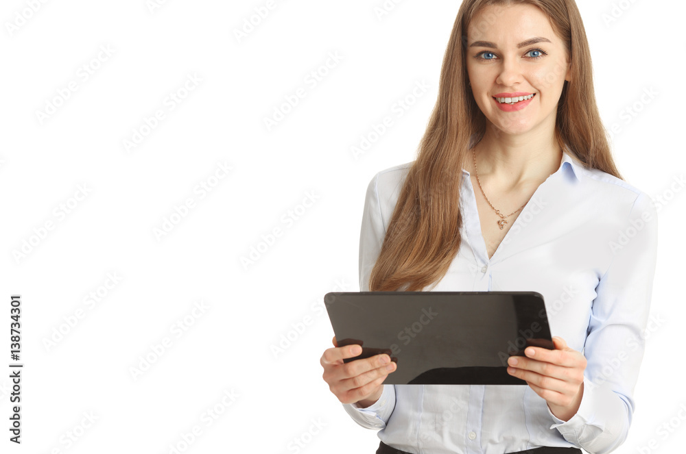 Smiling businesswoman holding tablet in hands. Isolated on white. Smiling businesswoman holding tablet in hands. Isolated on white.
