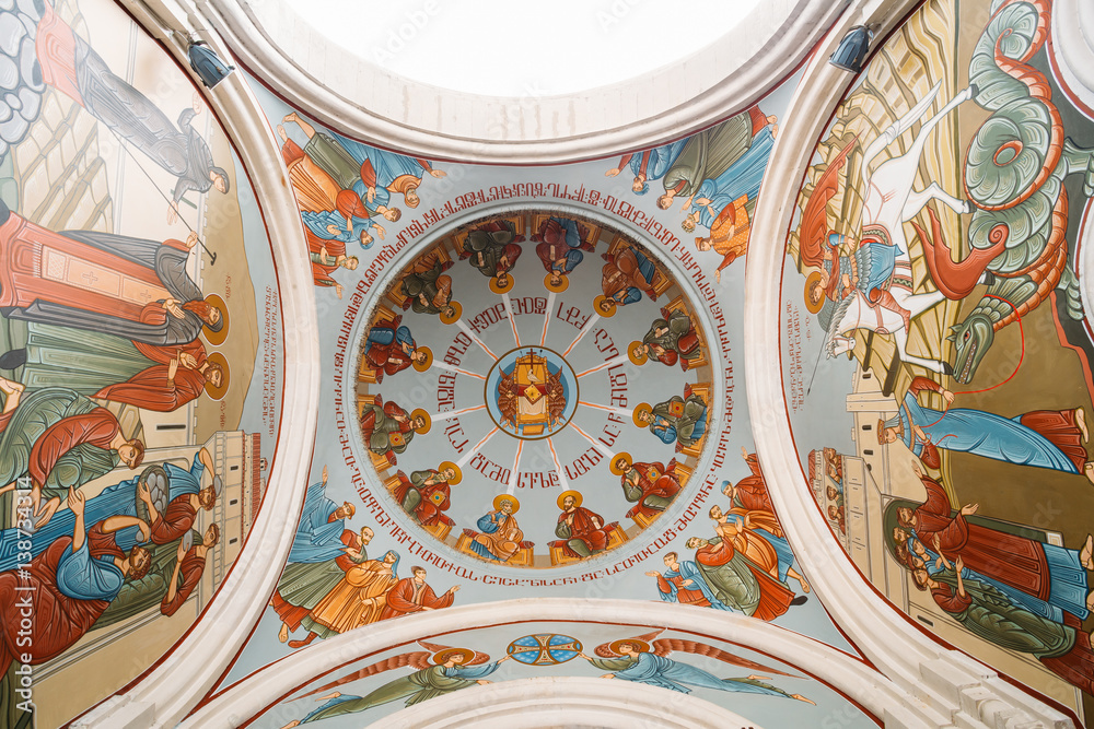 Tbilisi Georgia. Bottom View Of Dome, Ceiling Painted With Frescoes On Biblical Story,