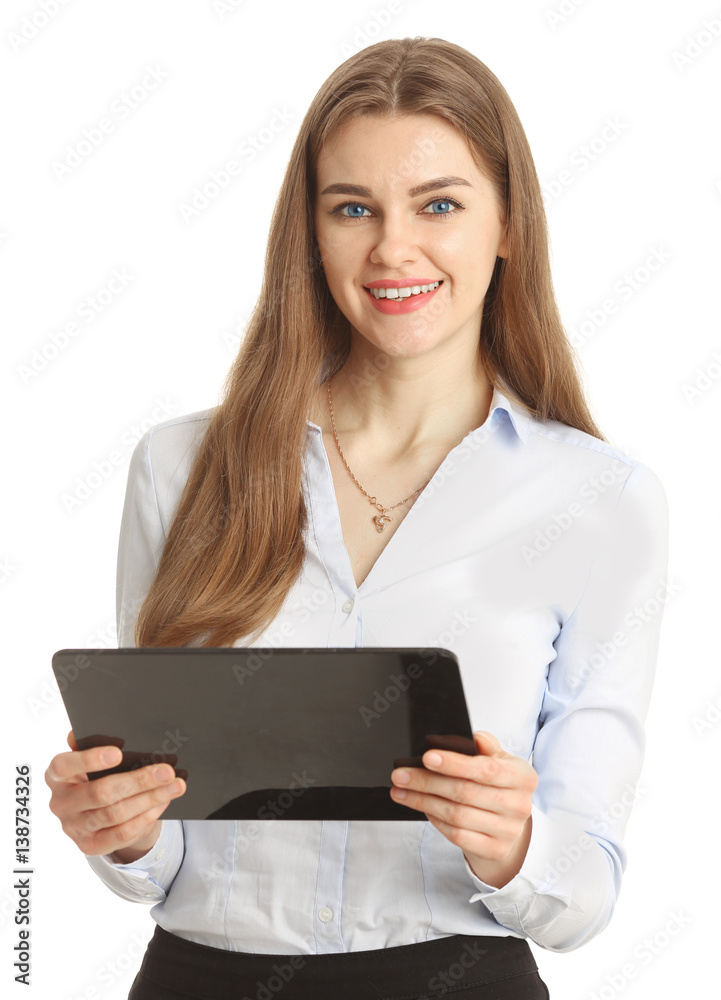 Smiling businesswoman holding tablet in hands. Isolated on white. Smiling businesswoman holding tablet in hands. Isolated on white.
