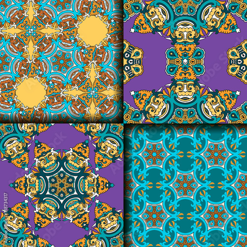 Vector abstract seamless patchwork pattern. Arabic tile texture with geometric and floral ornaments. Decorative elements for textile, book covers, print, gift wrap. Vintage boho style.
