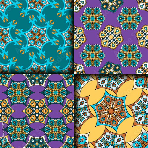 Vector abstract seamless patchwork pattern. Arabic tile texture with geometric and floral ornaments. Decorative elements for textile, book covers, print, gift wrap. Vintage boho style.