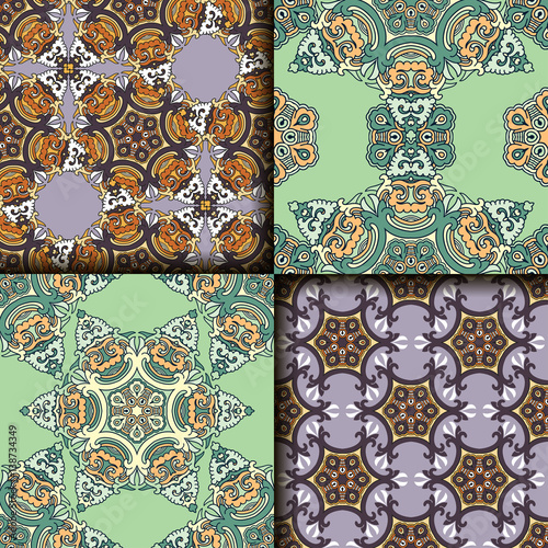 Vector abstract seamless patchwork pattern. Arabic tile texture with geometric and floral ornaments. Decorative elements for textile, book covers, print, gift wrap. Vintage boho style.