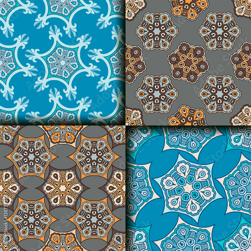 Vector abstract seamless patchwork pattern. Arabic tile texture with geometric and floral ornaments. Decorative elements for textile, book covers, print, gift wrap. Vintage boho style.