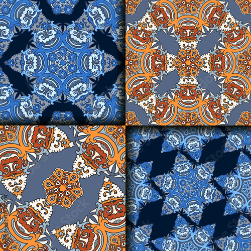 Vector abstract seamless patchwork pattern. Arabic tile texture with geometric and floral ornaments. Decorative elements for textile, book covers, print, gift wrap. Vintage boho style.