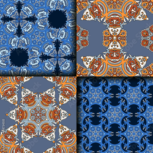 Vector abstract seamless patchwork pattern. Arabic tile texture with geometric and floral ornaments. Decorative elements for textile, book covers, print, gift wrap. Vintage boho style.