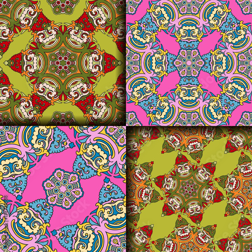 Vector abstract seamless patchwork pattern. Arabic tile texture with geometric and floral ornaments. Decorative elements for textile, book covers, print, gift wrap. Vintage boho style.