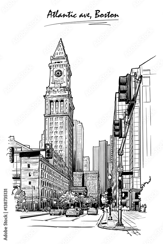 Panorama of the Embarcadero ferry building in San Francisco and palm tree alley. Cityscape, urban hand drawing. Sketch isolated on white background. EPS10 vector illustration.