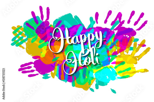Happy holi on a background of hand prints