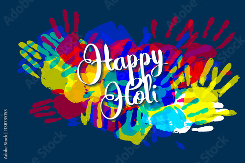 Happy holi on a background of hand prints