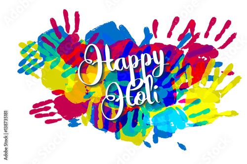 Happy holi on a background of hand prints