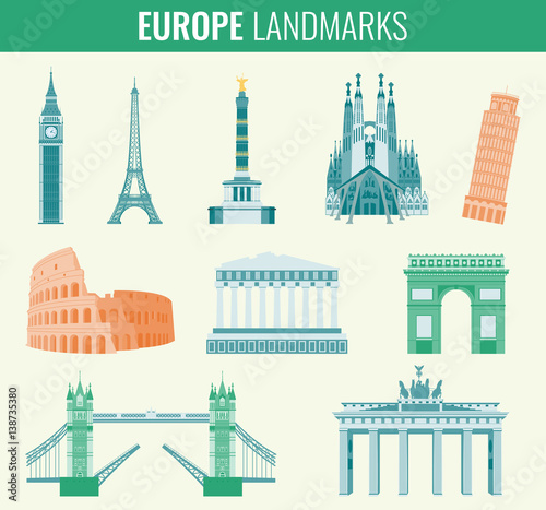 Europe landmarks flat icon set. Travel and Tourism. Vector