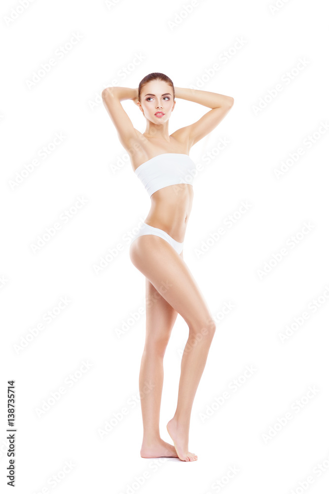 Fit, healthy and sporty woman in underwear isolated on white. Sport, fitness, diet, weight loss and healthcare concept. Fit, healthy and sporty woman in underwear isolated on white. Sport, fitness, diet, weight loss and healthcare concept.