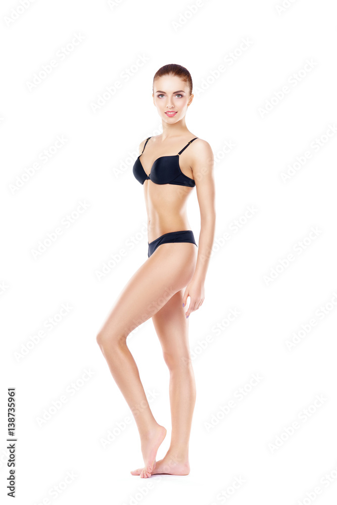 Fit, healthy and sporty woman in black underwear isolated on white. Sport, fitness, diet, weight loss and healthcare concept. Fit, healthy and sporty woman in black underwear isolated on white. Sport, fitness, diet, weight loss and healthcare concept.