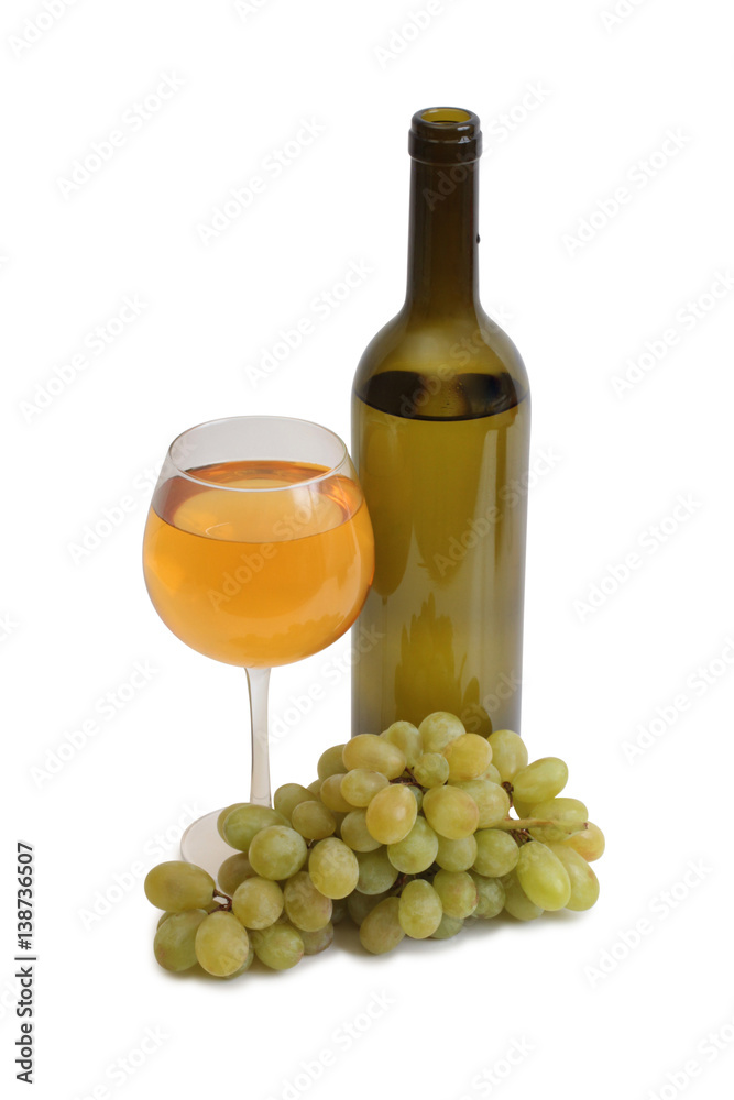 Bottle glass of wine and grapes on white background