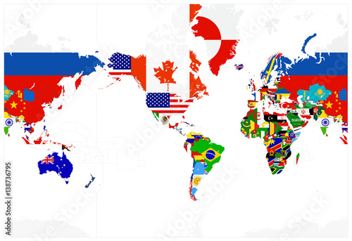 World Map Flags - America in center - Isolated on white