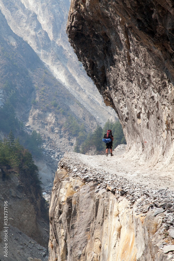 man on the way, rock and road in round Annapurna circuit