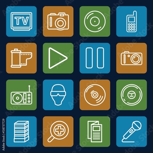 Set of 16 media outline icons