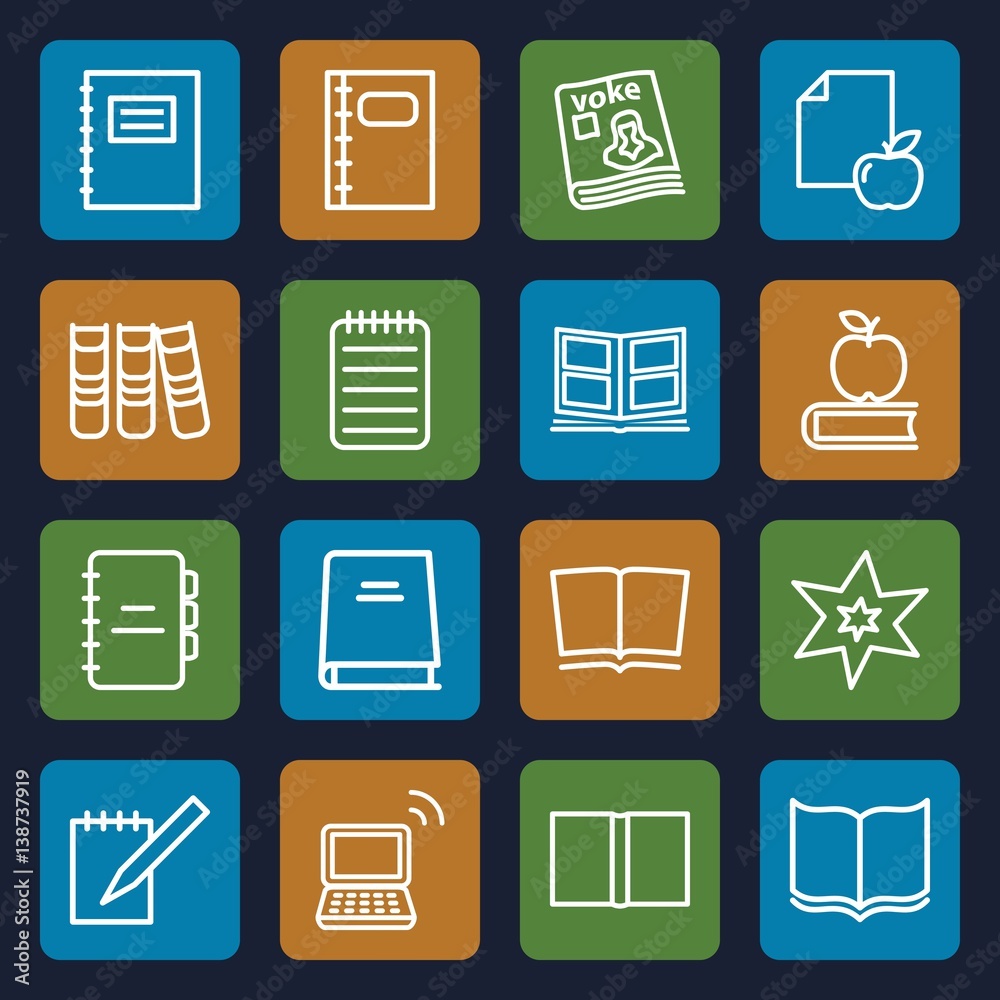 Set of 16 book outline icons Set of 16 book outline icons