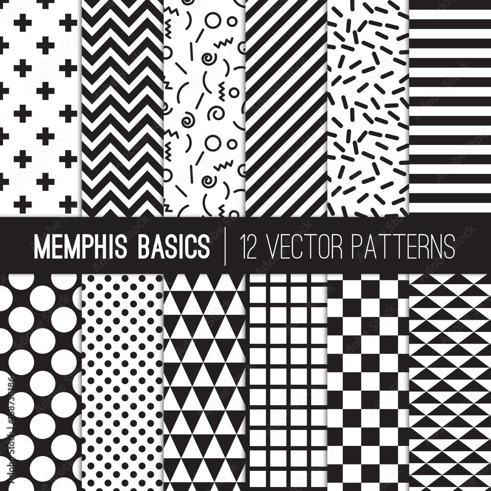Black White Memphis Style Geometric Patterns. Halftone Dots, Stripes, Chevron, Checks, Triangles, Crosses, Curly Doodles, Spirals. Trendy 80s, 90s Revival Backgrounds. Pattern Tile Swatches Included