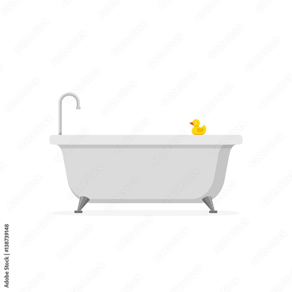 Bathtub and bath yellow rubber duck isolated on white background. Bath time in flat style vector illustration Bathtub and bath yellow rubber duck isolated on white background. Bath time in flat style vector illustration