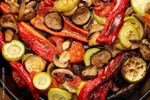 baked or grilled vegetables mushrooms and red paprika, eggplant, vegetable marrow, tomato