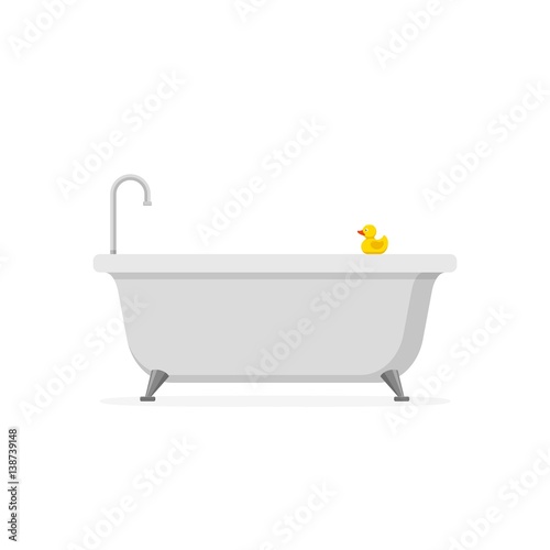 Bathtub and bath yellow rubber duck isolated on white background. Bath time in flat style vector illustration