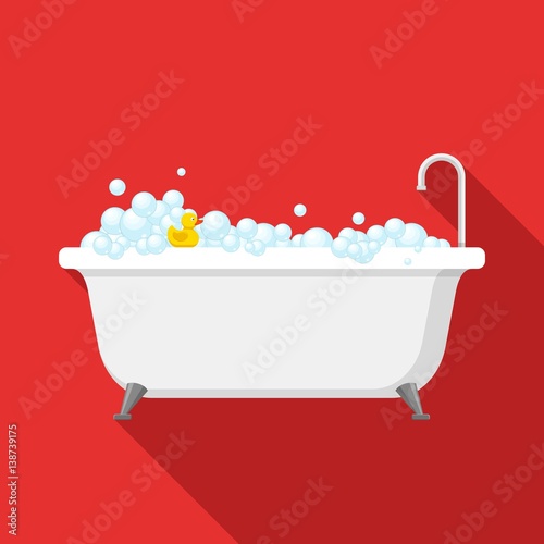 Bathtub with foam bubbles inside and bath yellow rubber duck on red background with shadow. Bath time icon in flat style vector illustration