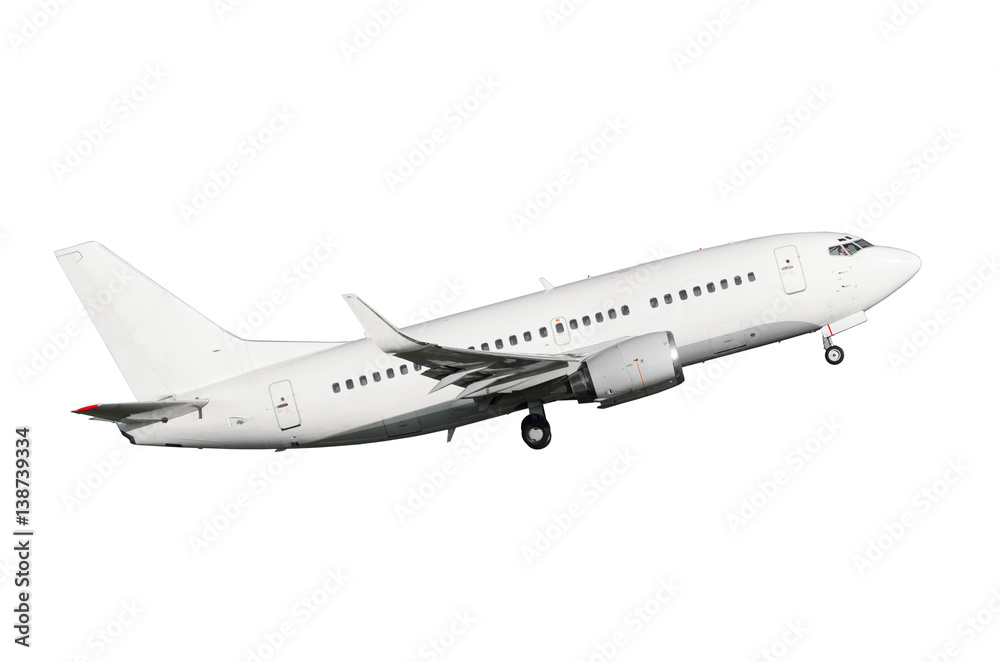 Fototapeta premium White airplane in profile on a white background, isolated