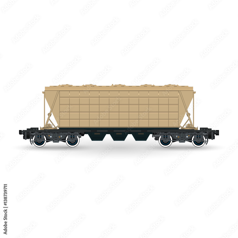 Hopper Car for Transportation Freights , Cargo Wagon Isolated on White Background, Railway Transport, Vector Illustration