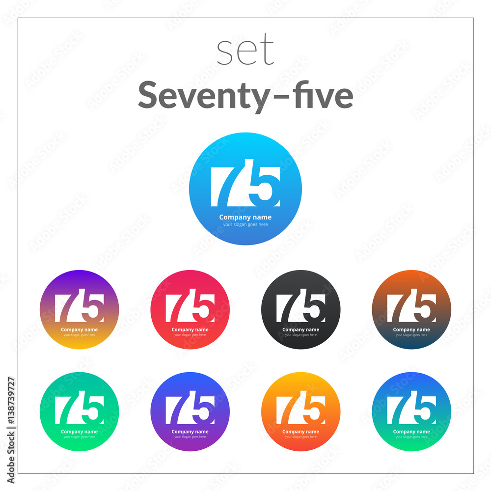 75 logo icon flat and vector set design template. Monogram seven and five. Logotype seventy-five with gradient blue, red, green, yellow, violet, orange color. Concept signs for card banner