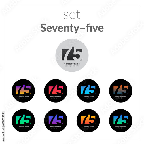 75 logo icon flat and vector set design template. Monogram seven and five. Logotype seventy-five with blue, red, green, yellow, violet, orange gradient on black background. Concept for card banner