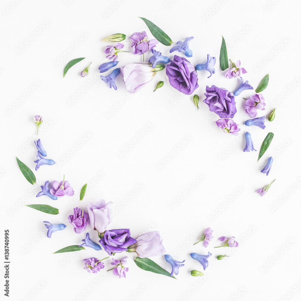 Flowers composition. Wreath made of various colorful flowers on white background. Flat lay, top view