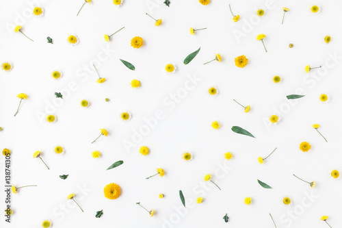 Flowers composition. Frame made of various yellow flowers on white background. Flat lay, top view