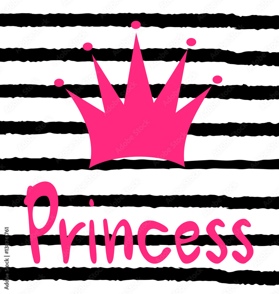 cute vector card with hand drawn pink crown and princess lettering word ...