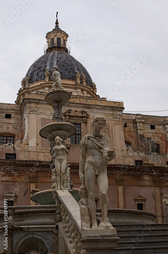 PALERMO, ITALY–03 January 2017: One of the main attractions of city - Praetorian Fountain (Fontana Pretoria). Amazing beauty of sculpture adorn the fountain
